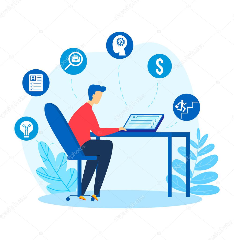 Online business work, computer internet, young guy working, freelance, remote concept, design, flat style vector illustration.