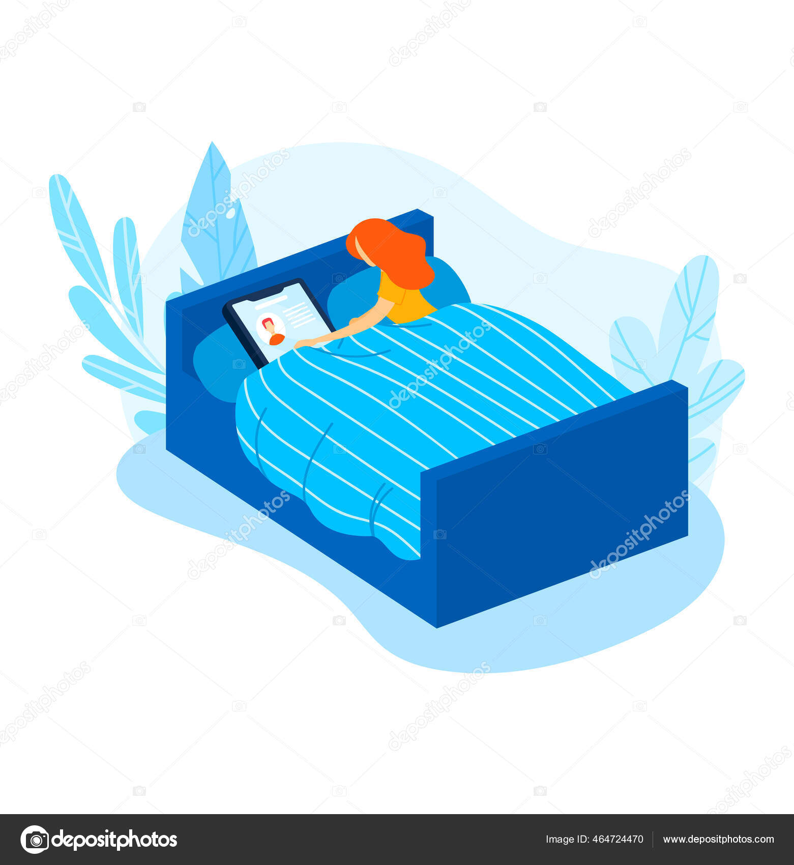 女の子のベッド 電話の睡眠の概念は オンラインタブレットの夫は 夜の時間は 若い眠り デザイン 漫画スタイルのベクトルのイラストをリラックス ストックベクター C Seahorsevector