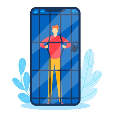 Bağımlı telefon, internet ekranı, cep telefonu, bağımlı iletişim konsepti, tasarım, çizgi film tarzı vektör çizimi.