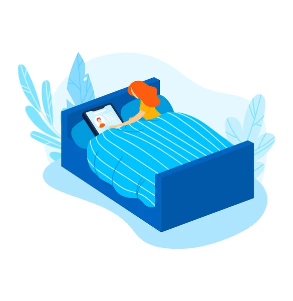 Fille lit, téléphone concept de sommeil, tablette en ligne mari, nuit détente, jeune sommeil, conception, illustration vectorielle de style dessin animé. — Image vectorielle