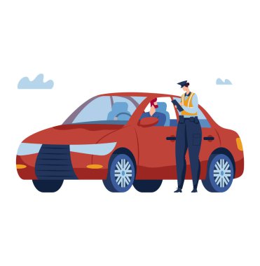 Polis kontrol belgesi, araç kontrolü, polis memuru, beyaz, tasarım, karikatür tarzı vektör çizimi.