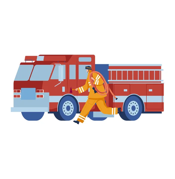 Motor de bomberos, camión rojo, vehículo de emergencia, automóvil escalera de rescate, aislado en blanco, diseño, ilustración vectorial estilo dibujos animados. — Vector de stock