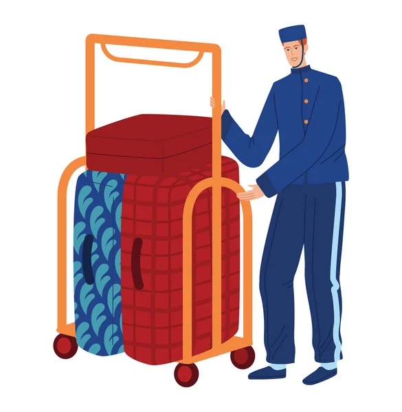 Hôtel Doorman, service bagages, uniforme de portier, isolé sur blanc, travail d'accueil, design, illustration vectorielle de style dessin animé. — Image vectorielle