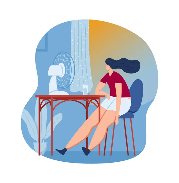 Concepto del ventilador, tiempo de verano de la mujer, casa caliente sentada, aire eléctrico, desarrollo del pelo, diseño, ilustración del vector del estilo de la historieta. — Vector de stock