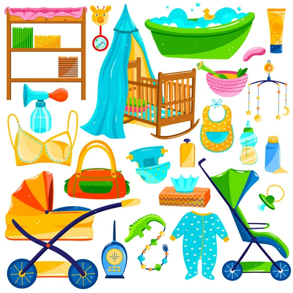 Baby vård objekt, nyfödda objekt leveranser, uppsättning ikoner isolerade på vit, vektor illustration — Stock vektor