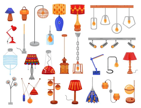 Vnitřní světlo, typy lamp, elektrická dekorace izolovaná na bílém, skleněné osvětlení, design, kreslený styl vektorové ilustrace. — Stockový vektor