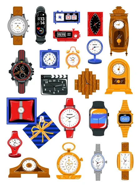 Set klockor olika typer för att bestämma tid, digital modern klocka, design tecknad stil vektor illustration, isolerad på vit — Stock vektor
