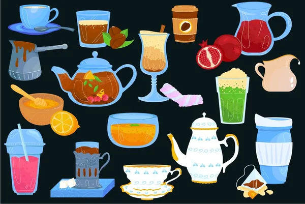 Adesivo tazza, collezione tazza, set elementi che fanno bevande, design, in stile cartone animato illustrazione vettoriale, isolato su bianco. — Vettoriale Stock
