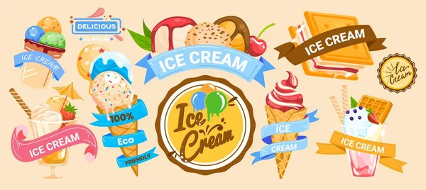 Banner de helado, comida deliciosa dulce, plantilla de cono fresco, logotipo de postre de bocadillo, diseño, ilustración de vectores de dibujos animados de estilo — Vector de stock