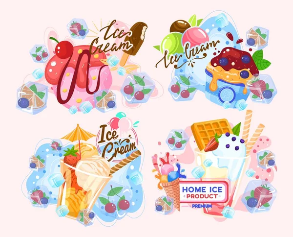 Ice cream, fruit summer dessert strawberry, sweet cold chocolate, cone snack, design, in style cartoon vector illustration. — Stock Vector