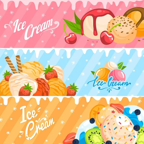 Комплект мороженого, летний баннер, круглый десерт шаблон, коллекция, апельсиновый сахар, дизайн, в стиле мультфильм векторной иллюстрации. Лицензионные Стоковые Иллюстрации