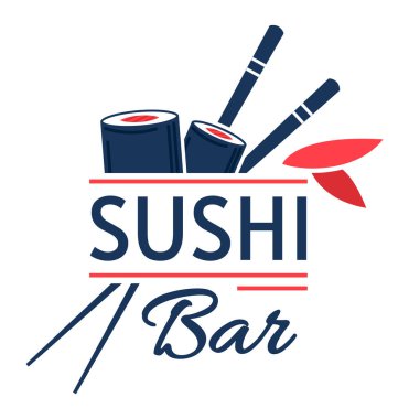 Suşi bar amblemi, geleneksel Japon yemekleri, deniz ürünleri restoranı, beyaz üzerine izole edilmiş, tasarım, karikatür tarzı vektör çizimi..