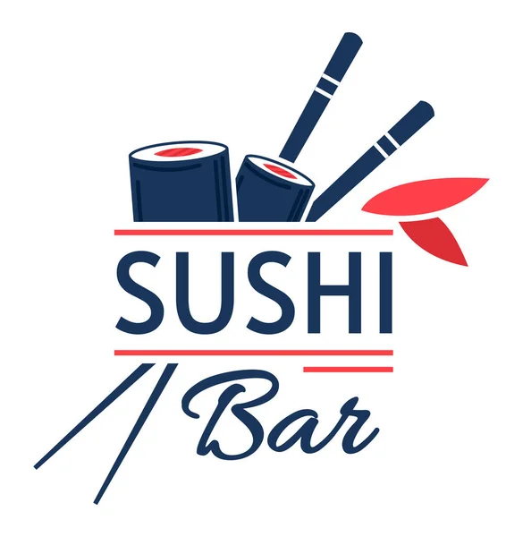 Suşi bar amblemi, geleneksel Japon yemekleri, deniz ürünleri restoranı, beyaz üzerine izole edilmiş, tasarım, karikatür tarzı vektör çizimi.. — Stok Vektör