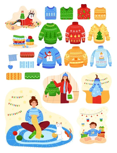 Suéter de invierno feo, conjunto de saltadores de colores cálidos, lindo regalo de vacaciones, diseño de dibujos animados estilo vector ilustración, aislado en blanco. — Vector de stock