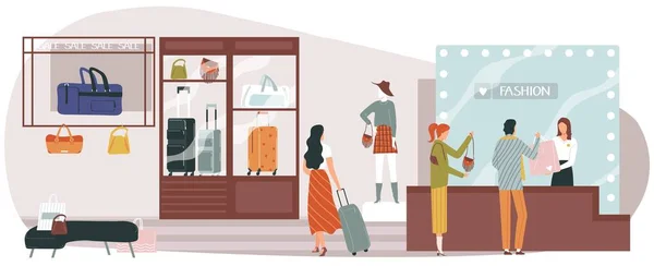 Bag shop, girl fashion, season sale, female client young, lady client, showcase showing, design, flat style vector illustration. — 스톡 벡터