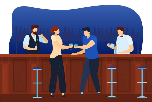 Mostrador de bar, bebida alcohólica fiesta, chica sosteniendo vaso de cóctel de la mano, camarero de personas, diseño, ilustración de vectores de estilo plano. — Vector de stock