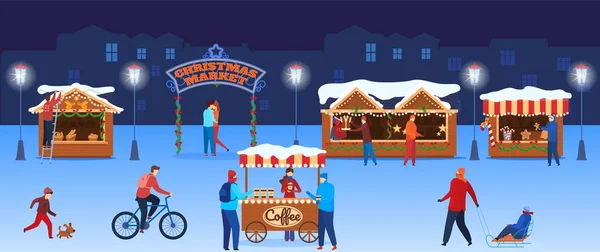 Fête de Noël, marché de la ville, vacances heureuses, décorations traditionnelles de nouvelle année, design style dessin animé, illustration vectorielle. — Image vectorielle