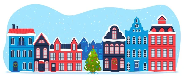 Fira jul, vinter stadsbild, glad semester, glad snöig dag utomhus, design tecknad stil, vektor illustration. — Stock vektor