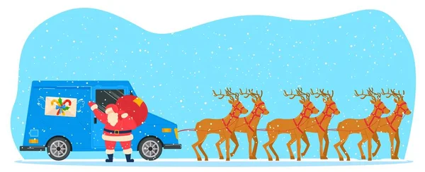 God jul fest, vinter humör, Santa bil i rensele, semester gåva, design tecknad stil, vektor illustration. — Stock vektor