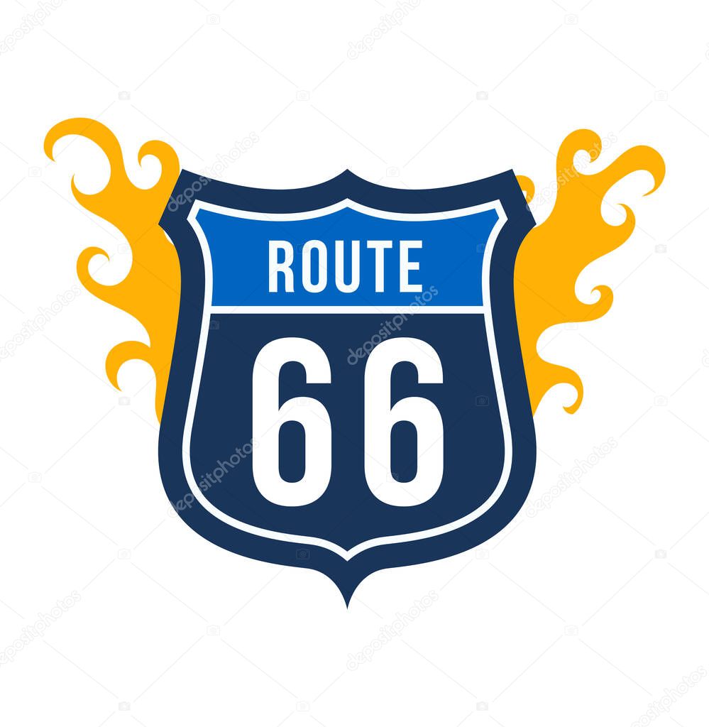 Route 66 emblems, transport sign, travel american highway, isolated on white, design, in cartoon style vector illustration.