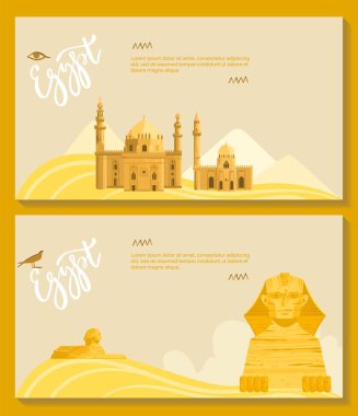 Mısır bayrağı, turizm arka planı, sfenks çölü, Afrika, kültür, tatil, tasarım, karikatür tarzı vektör çizimi.