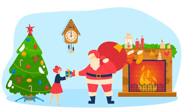 Uhr zeigt Mitternacht, Weihnachtsmann schenkt Geschenke, Weihnachtsfeier, frohen Wintertag, Cartoon-Stil, Vektorillustration. — Stockvektor