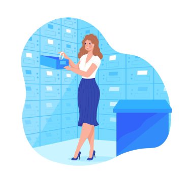 Bankacılık, metal kasa, hücre güvenli depolama, çelik kasa, finansal mevduat, tasarım karikatür tarzı vektör çizimi.