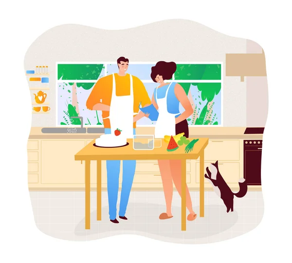 Cocina, la gente en la cocina, comida saludable, mujer preparando la cena, hombre, joven cocinero, diseño de dibujos animados estilo vector ilustración. — Archivo Imágenes Vectoriales
