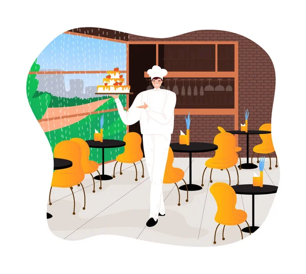 Cuisine, homme dans la cuisine, jeune cuisinier en uniforme, grand gâteau sucré, restaurant, illustration vectorielle dessin animé design, isolé sur blanc. — Image vectorielle