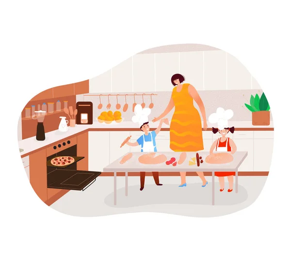 Cuisine, les gens dans la cuisine, la mère cuisine pizza, fille aide à cuisiner, garçon chef mignon, design dessin animé style vectoriel illustration. — Image vectorielle
