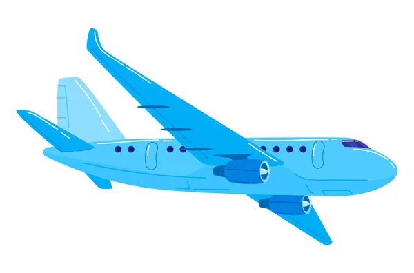 Transporte aéreo, avião a jato cor azul, avião de passageiros está voando para o aeroporto, desenho animado estilo vetor ilustração, isolado no branco — Vetor de Stock