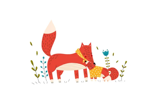 Ζώα μωρό, μητέρα αλεπού δείχνει αγάπη για το μωρό, ευτυχισμένη αλεπού τζίντζερ, σχέδιο εικονογράφηση φορέα στυλ κινουμένων σχεδίων, απομονώνονται σε λευκό. — Διανυσματικό Αρχείο