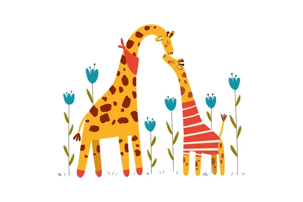 Tierbaby, niedliche Giraffen, Mutter und Sohn, glückliche Familie, Tierwelt, Tierwelt, Zeichentrickvektorillustration, isoliert auf weiß. — Stockvektor