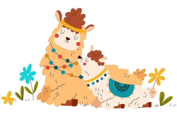 Animals baby, safari, cute alpaca mom, mammal llama in wild, happy animal family, cartoon vector illustration, isolated on white.