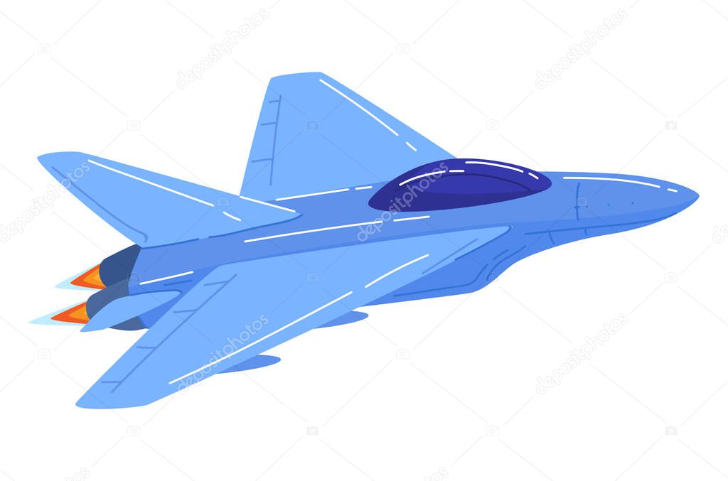 Air transport, military fighter, usaf aviation blue color jet aircraft, cartoon style vector illustration, isolated on white.