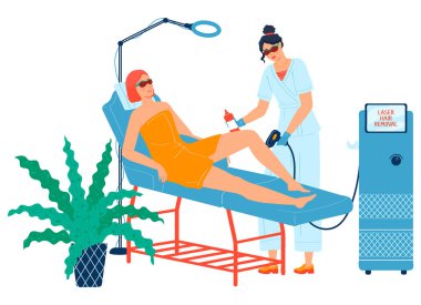 Kadınların güzelliği, spa tedavileri, güzellik salonu, vücut bakımı, lazer tüy ayıklama ekipmanları, düz vektör illüstrasyonu, beyaz renkte izole edilmiş..
