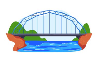 Amerika 'daki otomobil süspansiyon köprüsü, renkli mimari, çizgi film stili vektör çizimi, beyaz üzerine izole edilmiş..