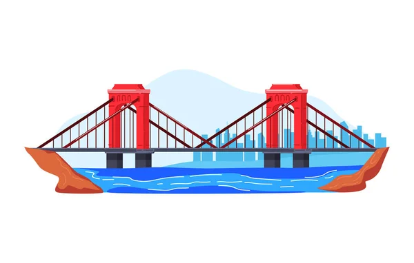 布鲁克林路大桥在海上，五彩缤纷的建筑在美国，户外，设计卡通风格矢量插图，孤立在白色. — 图库矢量图片
