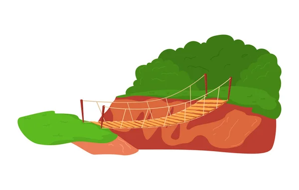 Kötél híd deszkák, gyalogos felfüggesztés híd szakadék felett, design rajzfilm stílusú vektor illusztráció, elszigetelt fehér. — Stock Vector