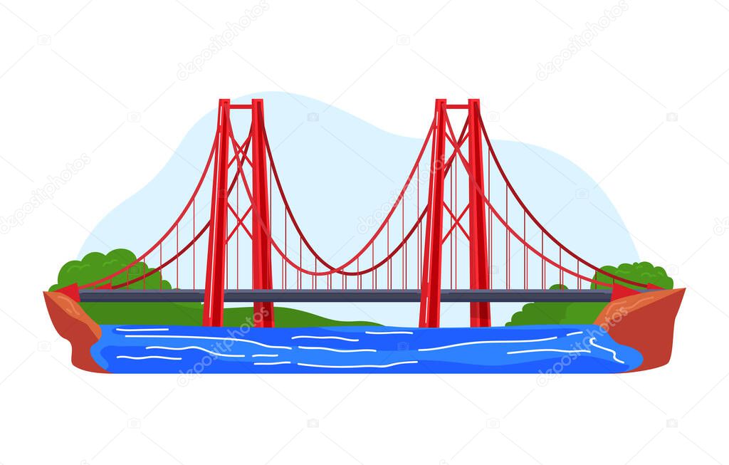 Automobile suspension bridge over bay in america, colorful architecture, cartoon style vector illustration, isolated on white.