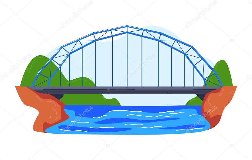 Automobile suspension bridge over bay in america, colorful architecture, cartoon style vector illustration, isolated on white.