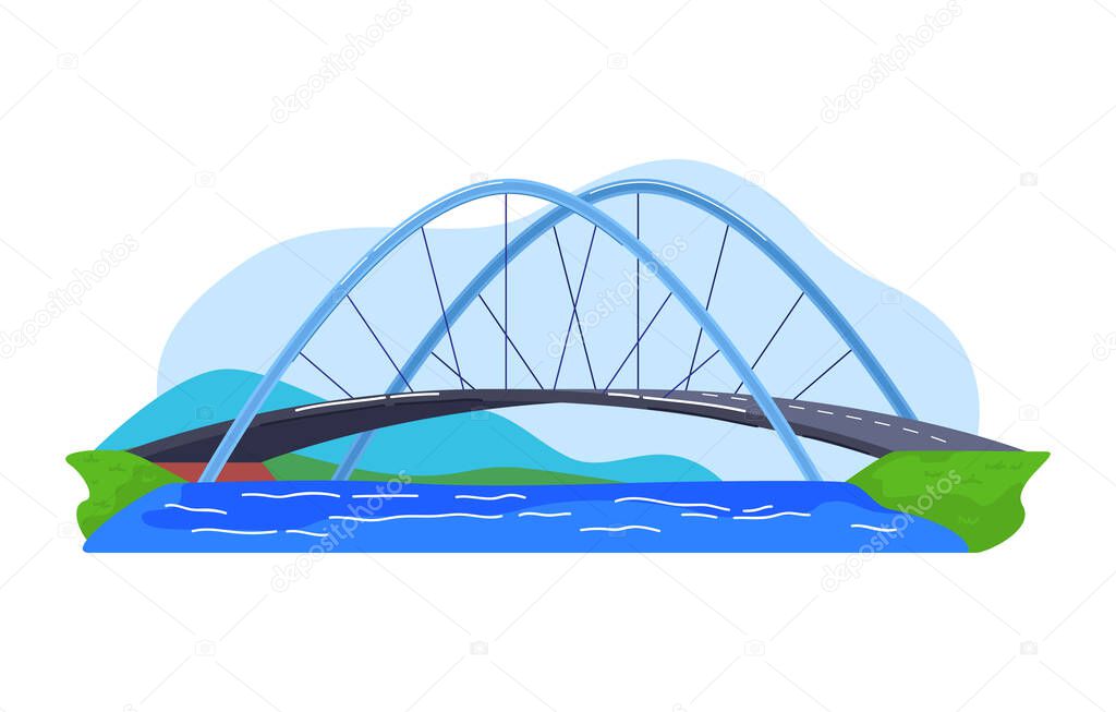 Automobile suspension bridge over bay in america, colorful architecture, cartoon style vector illustration, isolated on white.