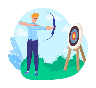 Spor olarak iş, konsept olarak başarı, yarışmayı kazananlar, hedefi vuranlar, çizgi film vektör çizimleri, beyaz üzerine izole edilmiş.