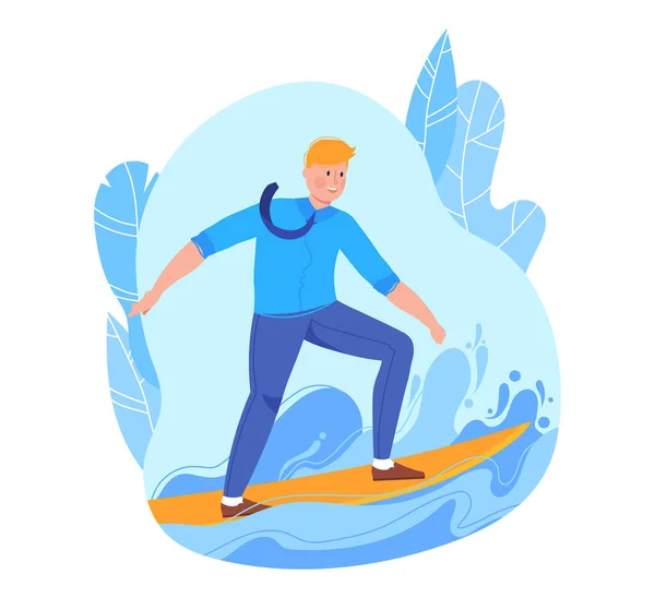 Affari nello sport, uomo d'affari di successo, uomo di concetto su tavola da surf conquista onda, illustrazione vettoriale cartone animato, isolato su bianco — Vettoriale Stock