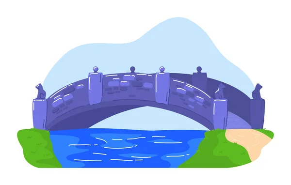 川を渡る石のヴィンテージ橋、川を渡る歩行者、自然屋外、白い上に隔離された漫画のベクトルイラスト. ベクターグラフィックス