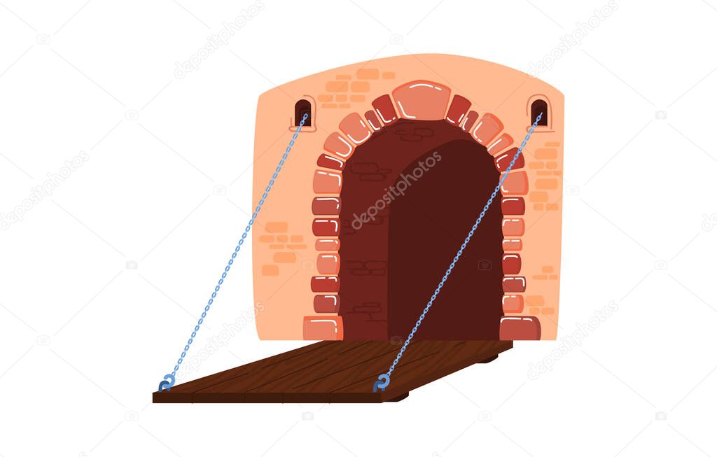 Wooden bridge, drawbridge to medieval castle over moat with water, design cartoon style vector illustration, isolated on white.