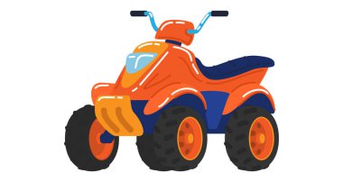 Turuncu atv, dört tekerlekli ulaşım, klasik motosiklet, macera sürüşü, çizgi film stili vektör çizimi, beyaz üzerine izole edilmiş..