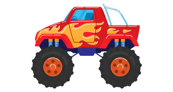 Coches convertidos, camión sobre ruedas grandes, vehículo pesado, potente motor, diseño de dibujos animados estilo vector ilustración, aislado en blanco. — Vector de stock