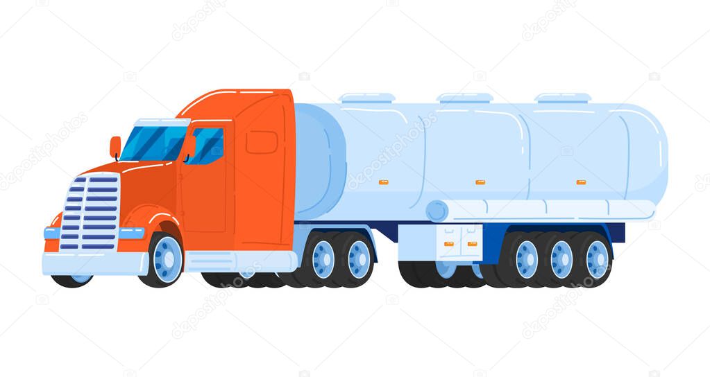 Barrel trucks, gasoline transport vehicle, fuel delivery, dangerous goods, cartoon style vector illustration, isolated on white.