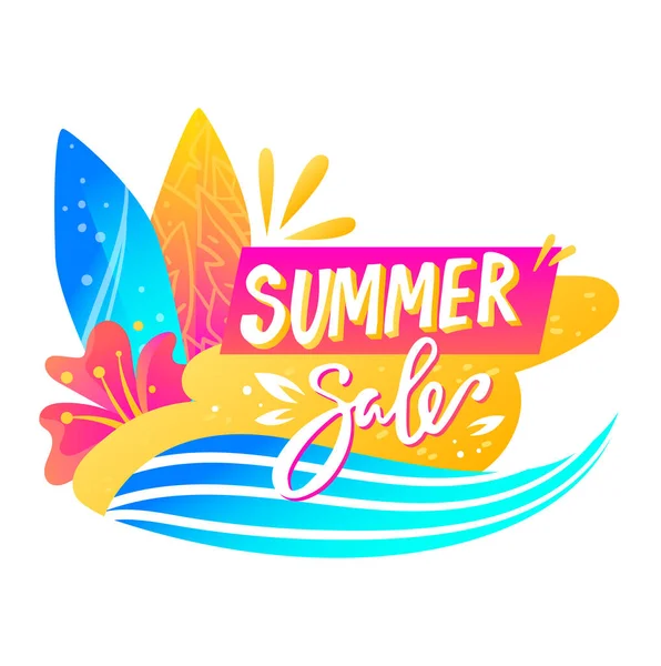 Bannière de réduction lumineuse, lettrage de vente d'été sur affiche, promotion de produits, illustration vectorielle de dessin animé design, isolé sur blanc. — Image vectorielle